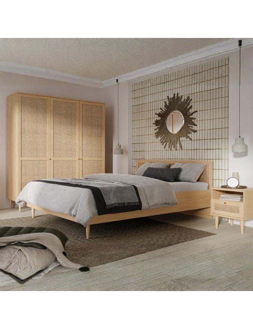 Letto matrimoniale Livia con testiera effetto rattan colore rovere