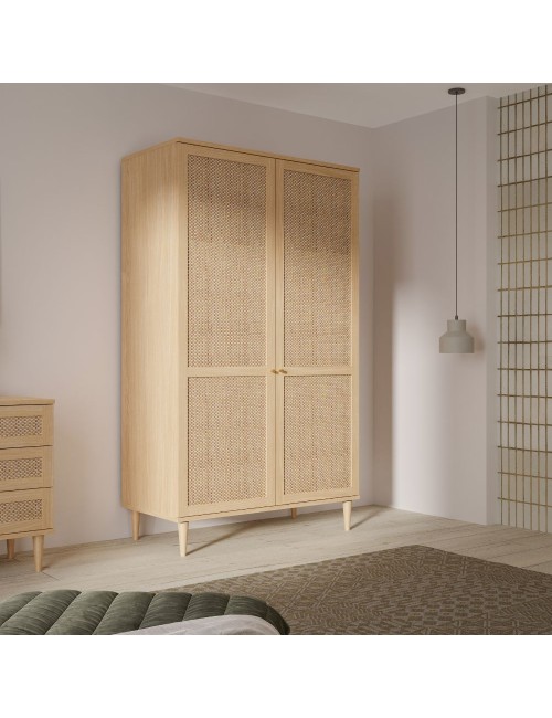 Armadio Livia 2 ante in rovere con dettaglio effetto rattan 110x52x208H