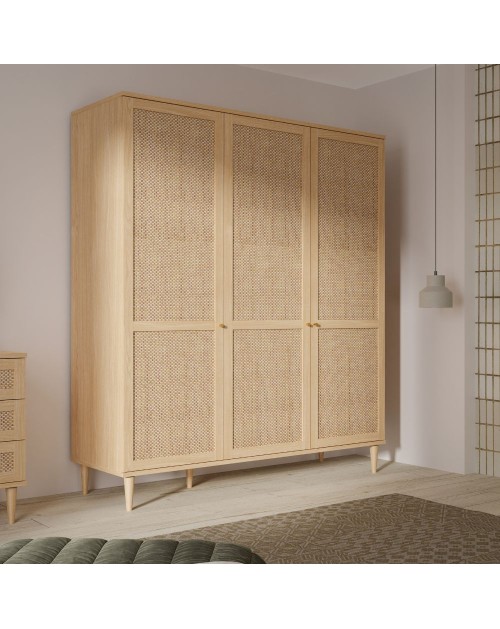 Armadio Livia 3 ante frontali effetto rattan intrecciato colore rovere 165x52x208H