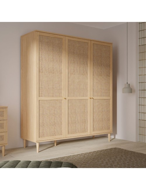 Armadio Livia 3 ante frontali effetto rattan intrecciato colore rovere 165x52x208H