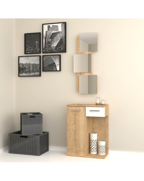 Mobile ingresso Lion con specchi anta e cassetto colore rovere bianco