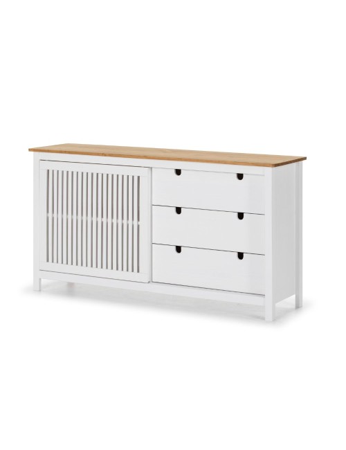 Credenza Bruna in legno massiccio colore bianco e pino 150x40x80H - Anta scorrevole e 3 cassetti