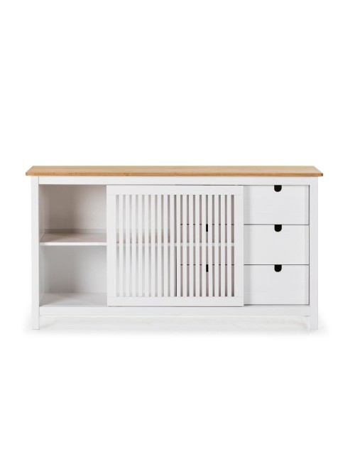 Credenza Bruna in legno massiccio colore bianco e pino 150x40x80H - Anta scorrevole e 3 cassetti