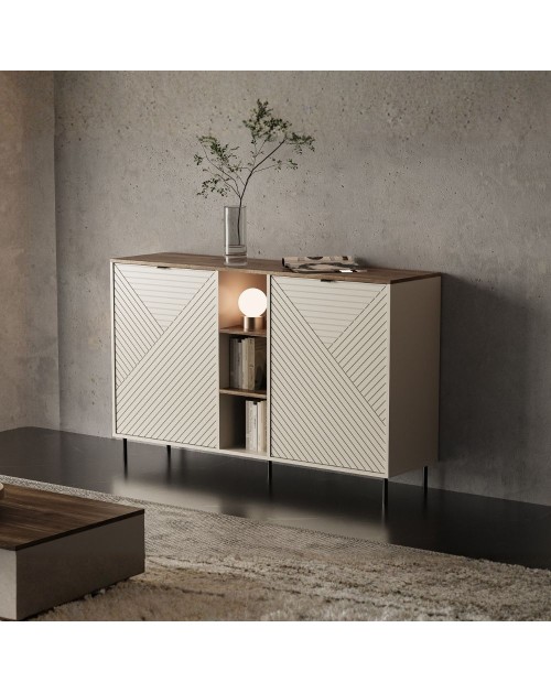 Credenza Mirage08 con 2 ante design geometrico e vani a giorno – Cashmere e Rovere