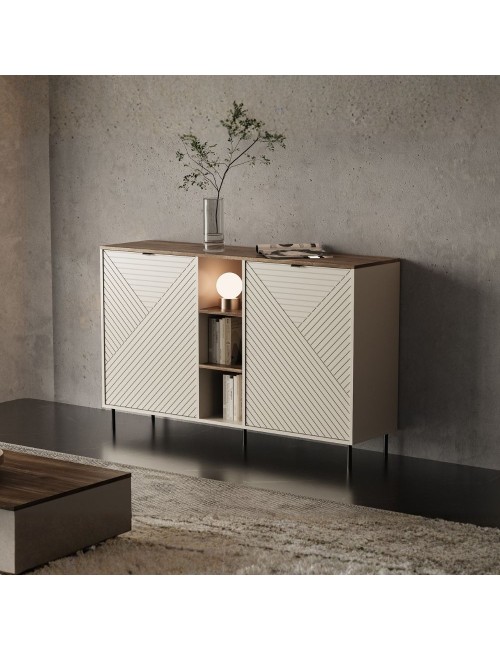 Credenza Mirage08 con 2 ante design geometrico e vani a giorno – Cashmere e Rovere