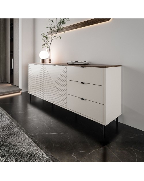 Credenza Mirage09 con 2 ante design geometrico e 3 cassetti colore cashmere e top rovere