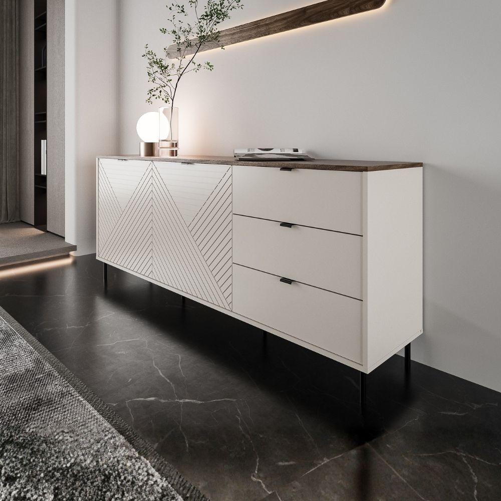 Credenza Mirage09 con 2 ante design geometrico e 3 cassetti colore cashmere e top rovere