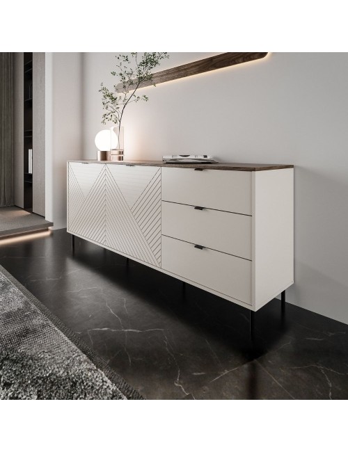 Credenza Mirage09 con 2 ante design geometrico e 3 cassetti colore cashmere e top rovere