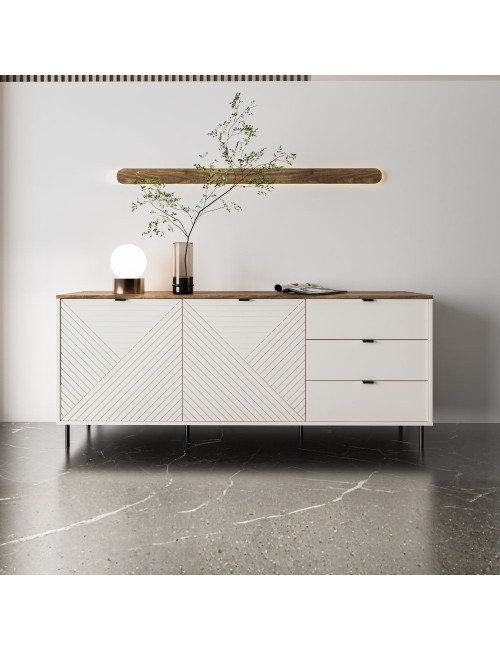 Credenza Mirage09 con 2 ante design geometrico e 3 cassetti colore cashmere e top rovere