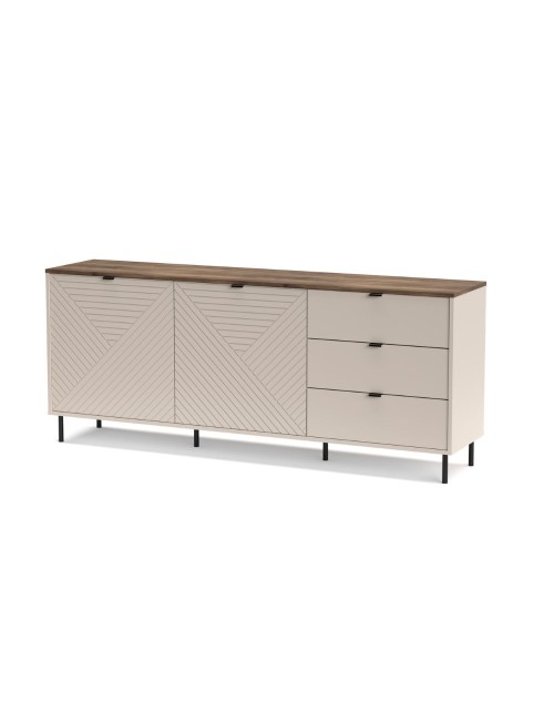 Credenza Mirage09 con 2 ante design geometrico e 3 cassetti colore cashmere e top rovere