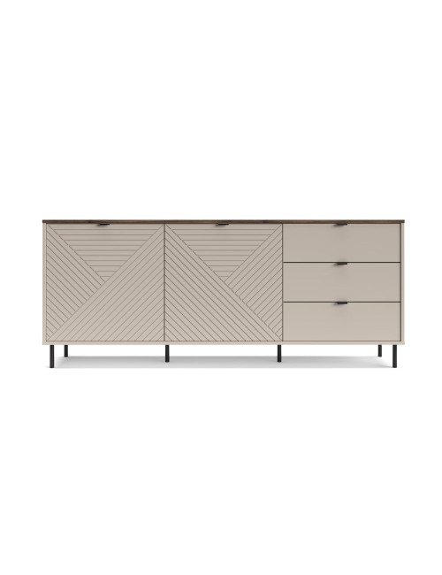 Credenza Mirage09 con 2 ante design geometrico e 3 cassetti colore cashmere e top rovere