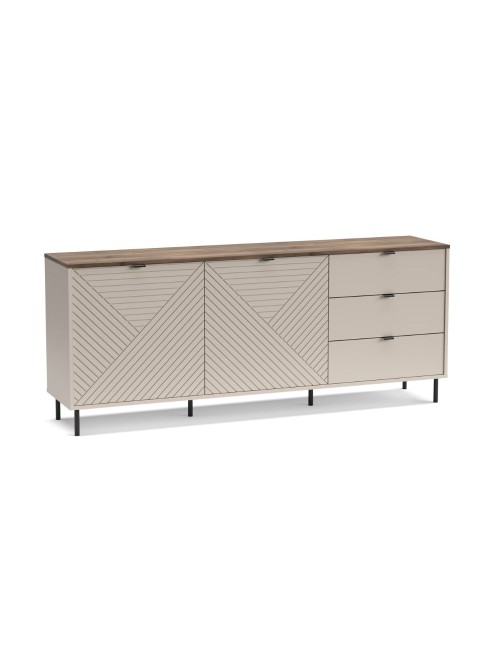 Credenza Mirage09 con 2 ante design geometrico e 3 cassetti colore cashmere e top rovere