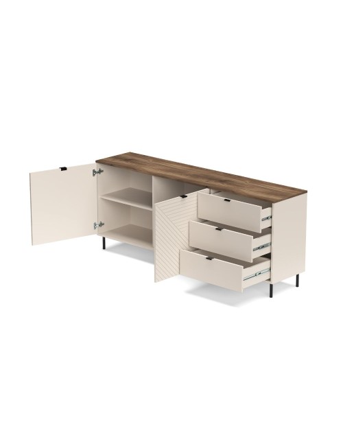 Credenza Mirage09 con 2 ante design geometrico e 3 cassetti colore cashmere e top rovere