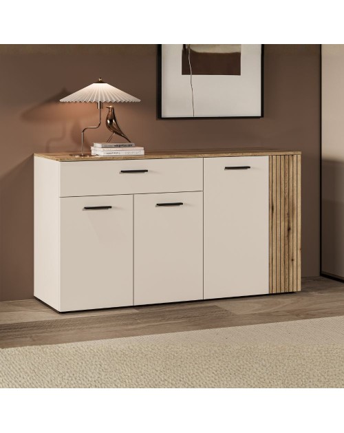 Credenza 4 ante e 1 cassetto Frezo03 cashmere e rovere con listelli verticali 150x42x83H