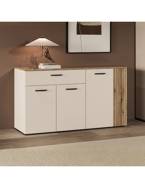 Credenza 4 ante e 1 cassetto Frezo03 cashmere e rovere con listelli verticali 150x42x83H