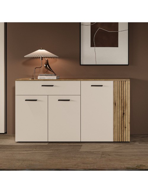 Credenza 4 ante e 1 cassetto Frezo03 cashmere e rovere con listelli verticali 150x42x83H