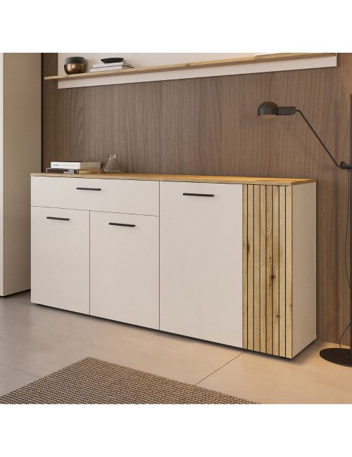 Credenza 4 ante e 1 cassetto Frezo03 cashmere e rovere con listelli verticali 150x42x83H