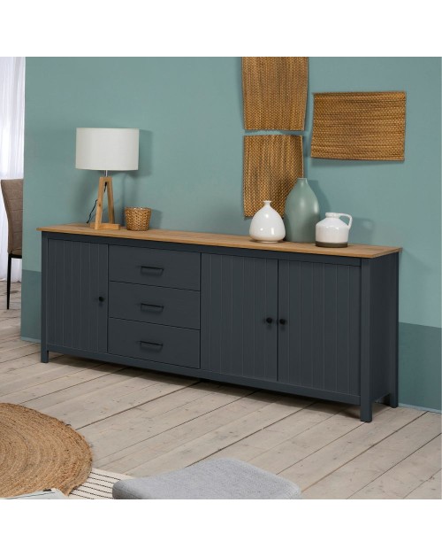 Credenza Miranda in legno massiccio colore blu e pino 191x40x80H - 3 Ante e 3 cassetti