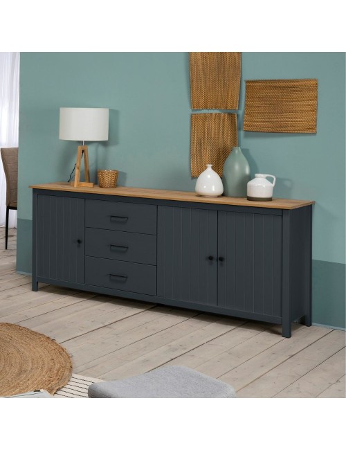 Credenza Miranda in legno massiccio colore blu e pino 191x40x80H - 3 Ante e 3 cassetti