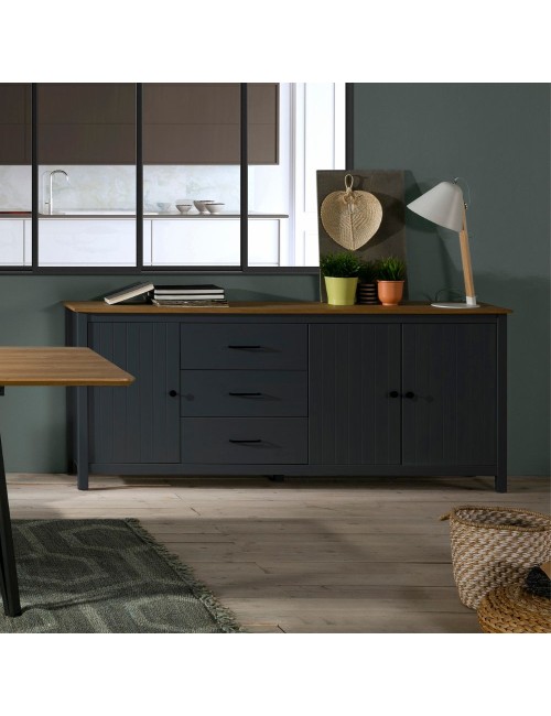 Credenza Miranda in legno massiccio colore blu e pino 191x40x80H - 3 Ante e 3 cassetti