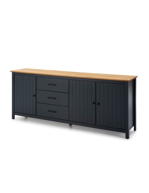 Credenza Miranda in legno massiccio colore blu e pino 191x40x80H - 3 Ante e 3 cassetti