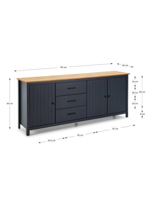 Credenza Miranda in legno massiccio colore blu e pino 191x40x80H - 3 Ante e 3 cassetti