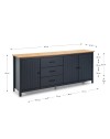 Credenza Miranda in legno massiccio colore blu e pino 191x40x80H - 3 Ante e 3 cassetti