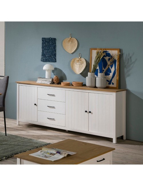Credenza Miranda in legno massiccio colore bianco e pino 191x40x80H - 3 Ante e 3 cassetti
