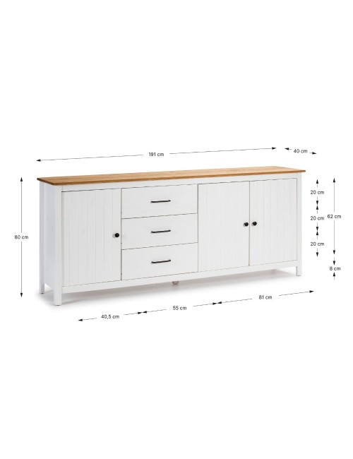Credenza Miranda in legno massiccio colore bianco e pino 191x40x80H - 3 Ante e 3 cassetti