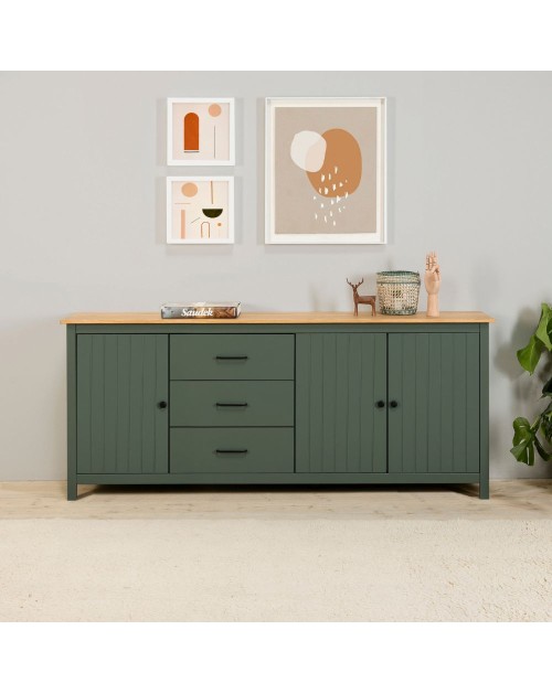 Credenza Miranda in legno massiccio colore verde e pino 191x40x80H - 3 Ante e 3 cassetti