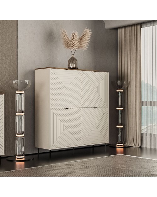 Credenza Mirage02 con 4 ante design geometrico colore cashmere e top rovere