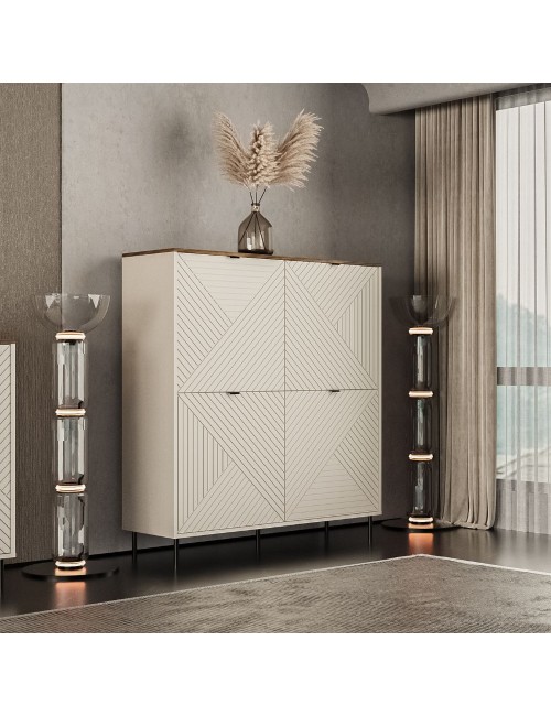 Credenza Mirage02 con 4 ante design geometrico colore cashmere e top rovere