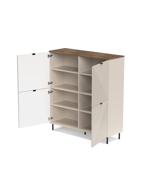 Credenza Mirage02 con 4 ante design geometrico colore cashmere e top rovere
