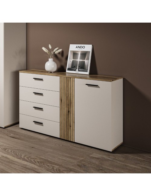 Credenza 4 cassetti e 2 ante Frezo02 cashmere e rovere con listelli verticali 139x38x86H
