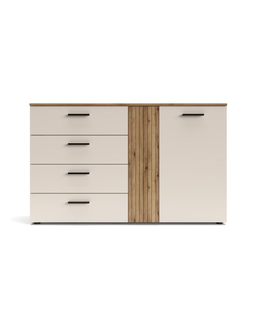 Credenza 4 cassetti e 2 ante Frezo02 cashmere e rovere con listelli verticali 139x38x86H