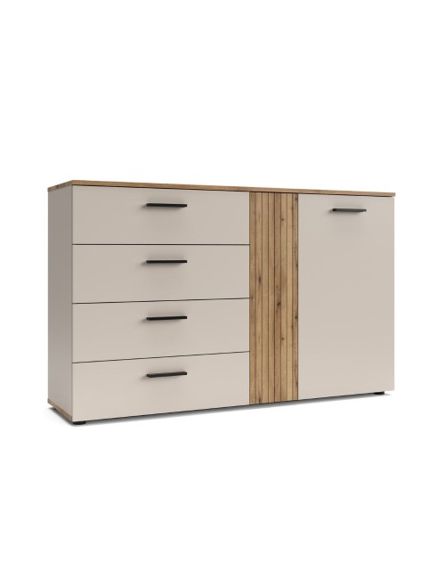 Credenza 4 cassetti e 2 ante Frezo02 cashmere e rovere con listelli verticali 139x38x86H