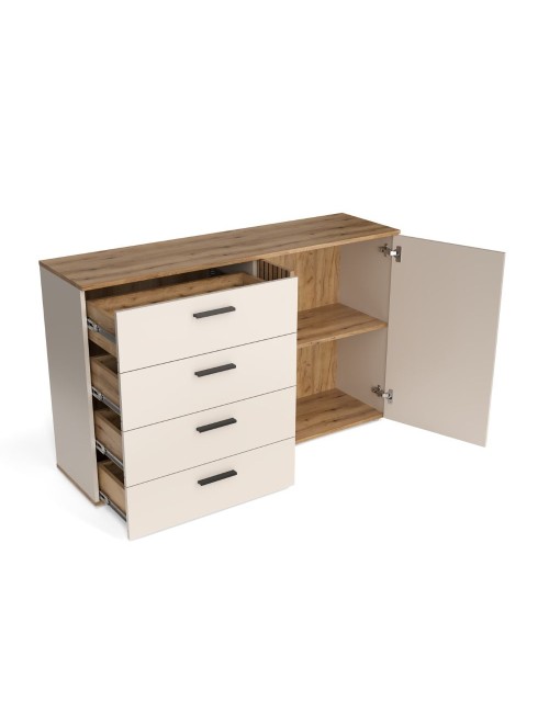 Credenza 4 cassetti e 2 ante Frezo02 cashmere e rovere con listelli verticali 139x38x86H