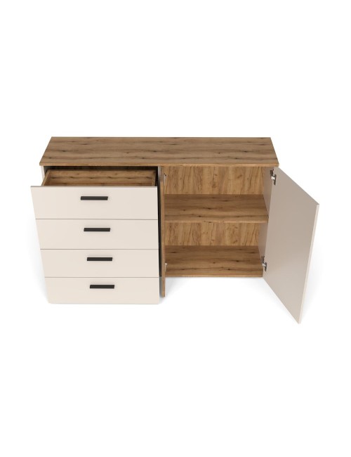 Credenza 4 cassetti e 2 ante Frezo02 cashmere e rovere con listelli verticali 139x38x86H