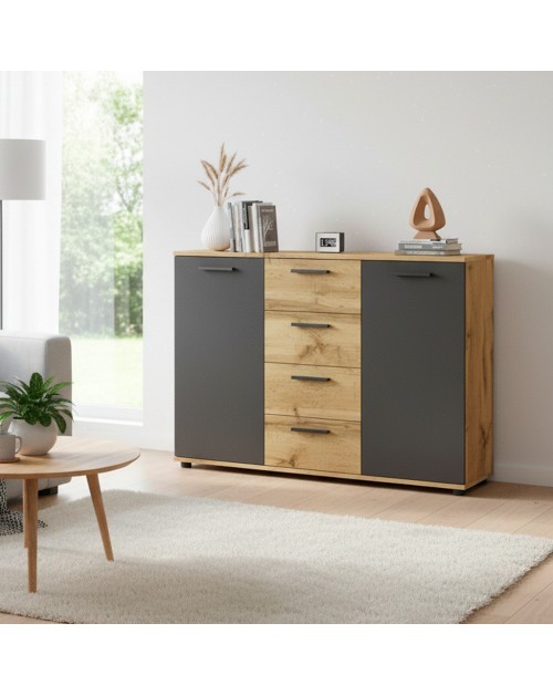 Credenza 2 ante e 4 cassetti rovere e antracite Berno4 120,2x32,5x85,3h