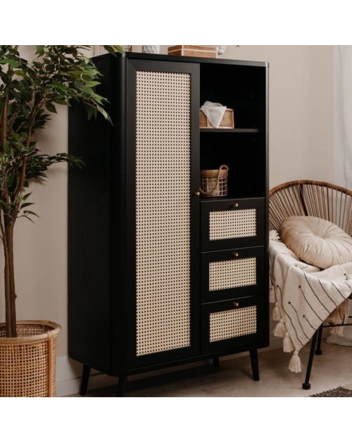 Credenza 3 cassetti e anta effetto rafia KUTA53 colore nero