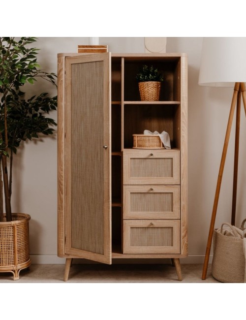 Credenza 3 Cassetti e Anta Effetto Rafia KUTA53 Colore Rovere Sonoma