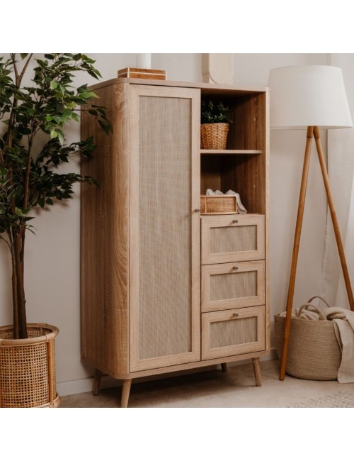 Credenza 3 Cassetti e Anta Effetto Rafia KUTA53 Colore Rovere Sonoma