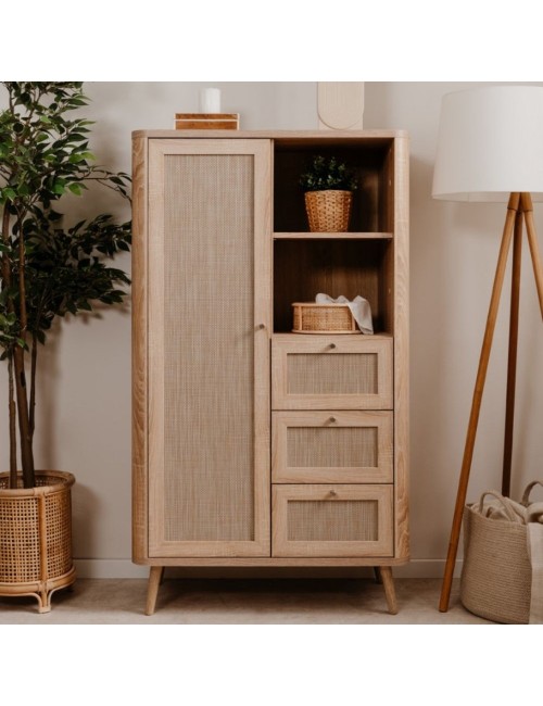 Credenza 3 Cassetti e Anta Effetto Rafia KUTA53 Colore Rovere Sonoma