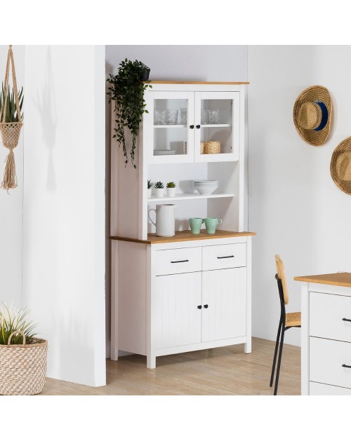 Credenza alta con vetrina Miranda in legno massiccio colore bianco e rovere 90x40x180H - 4 ante e 2 cassetti