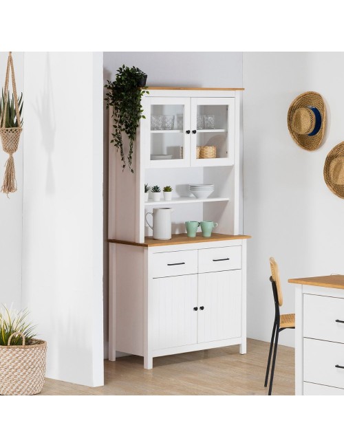 Credenza alta con vetrina Miranda in legno massiccio colore bianco e rovere 90x40x180H - 4 ante e 2 cassetti