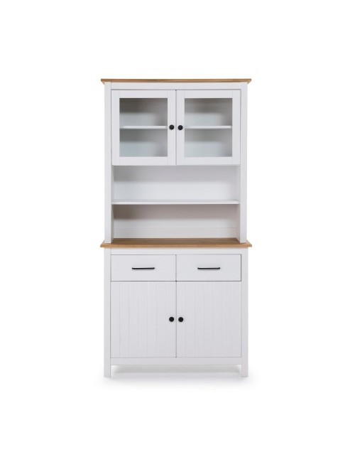 Credenza alta con vetrina Miranda in legno massiccio colore bianco e rovere 90x40x180H - 4 ante e 2 cassetti