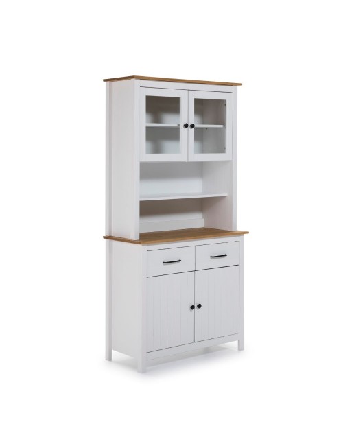 Credenza alta con vetrina Miranda in legno massiccio colore bianco e rovere 90x40x180H - 4 ante e 2 cassetti
