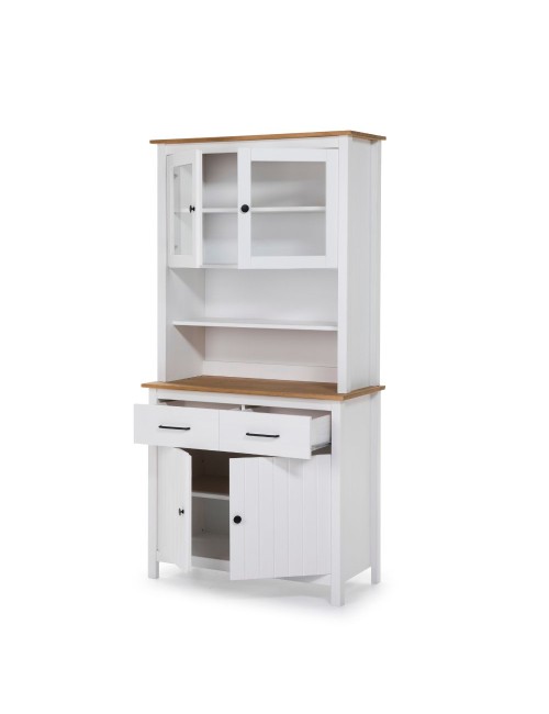Credenza alta con vetrina Miranda in legno massiccio colore bianco e rovere 90x40x180H - 4 ante e 2 cassetti