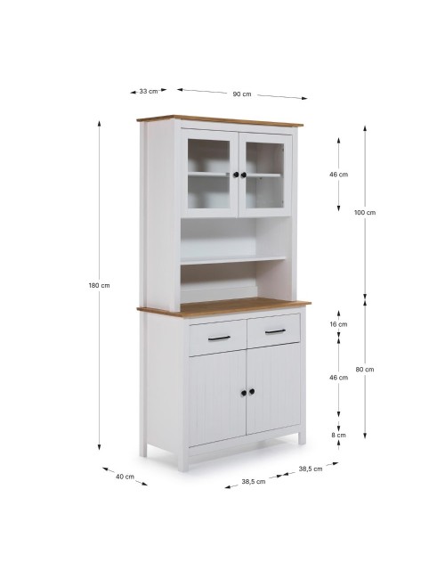 Credenza alta con vetrina Miranda in legno massiccio colore bianco e rovere 90x40x180H - 4 ante e 2 cassetti