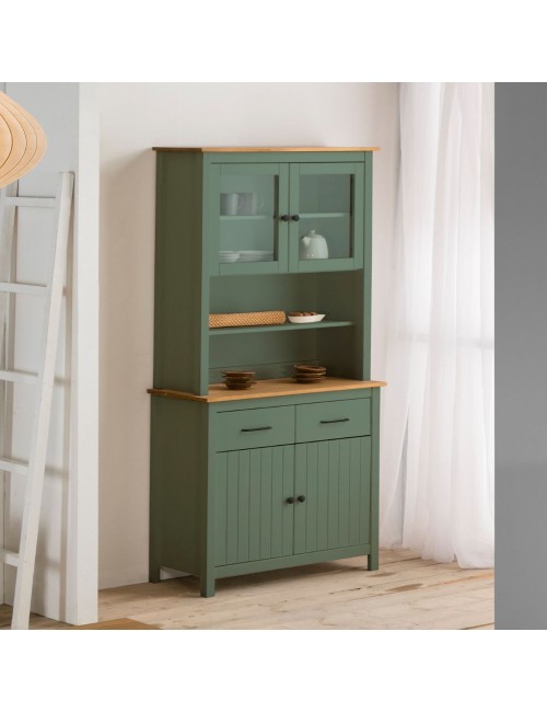 Credenza alta con vetrina Miranda in legno massiccio colore verde e rovere 90x40x180H - 4 ante e 2 cassetti
